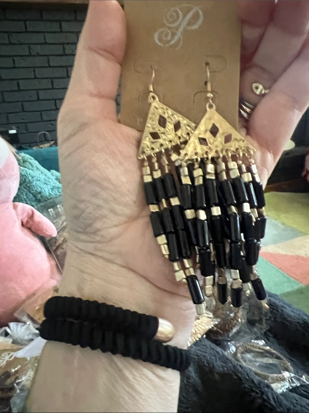 Boho bundle! Gold and Black Beaded Fringe Earrings and woven bracelet